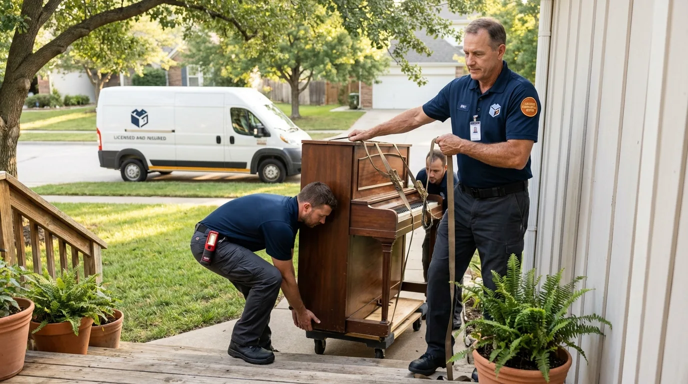Licensed piano movers securing grand piano in Ahoskie, NC