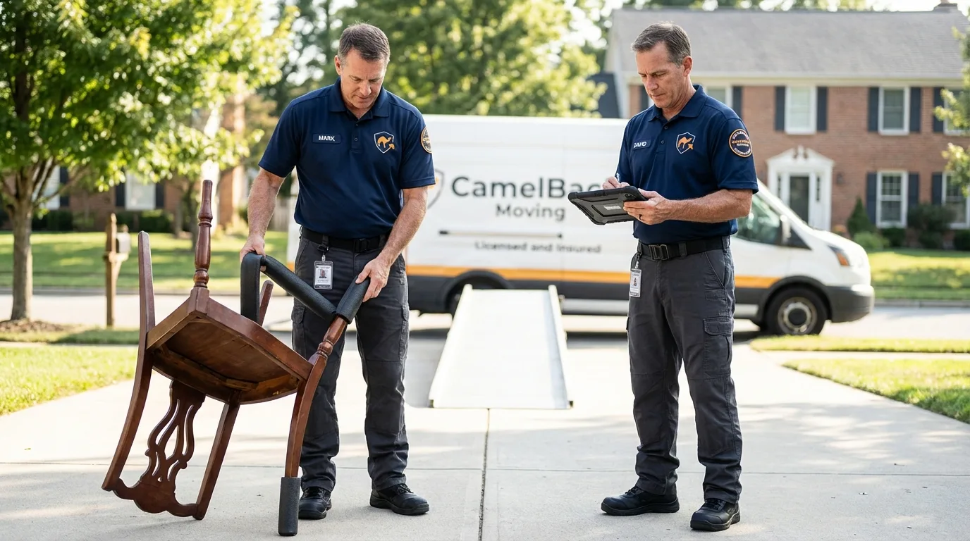Movers inspecting furniture for damage prevention before loading in Ahoskie, NC