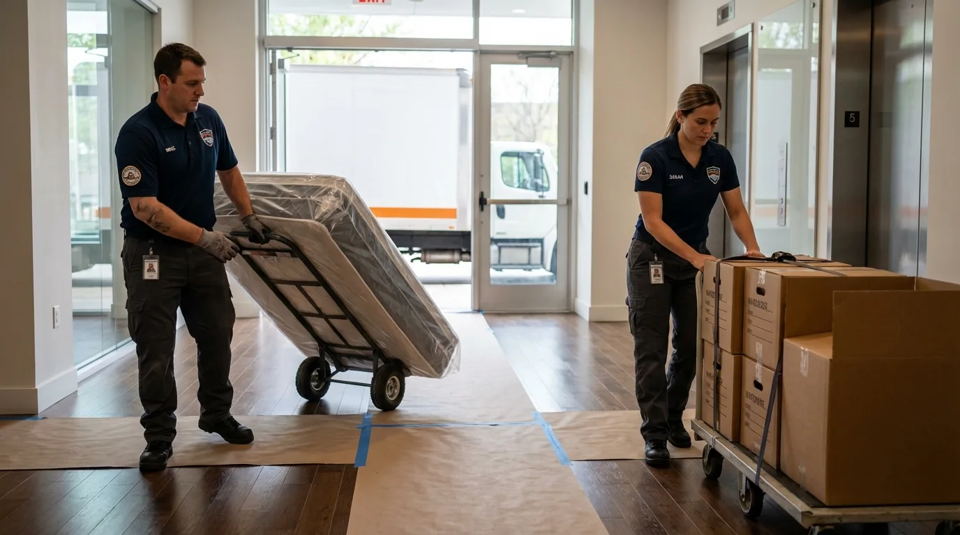 Professional apartment movers loading elevator in Ahoskie, NC