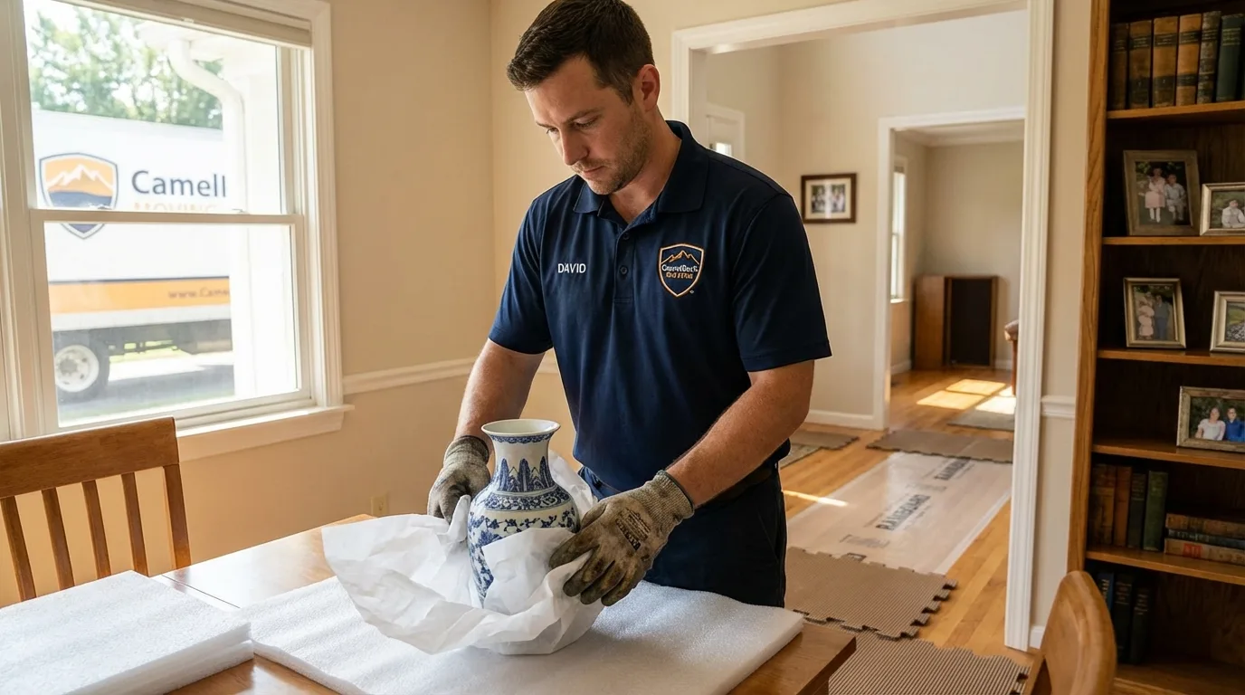 Professional crew carefully wrapping antique vase for senior downsizing move in Ahoskie, NC